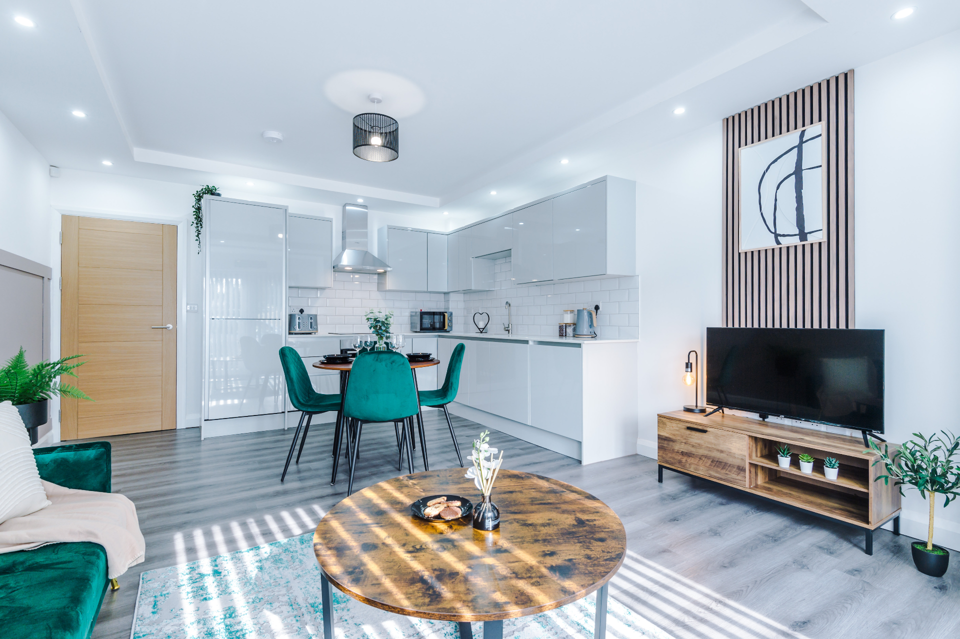 Modern luxury apartment interior with teal accents